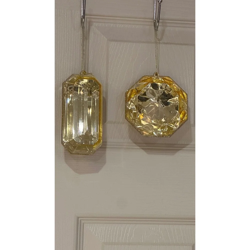 Set of 4 Large Champagne Gold Faceted Gemstone Christmas Ornaments Jewel Decor